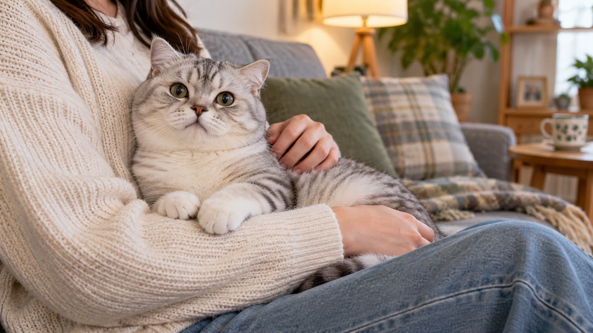 Scottish Straight kedi — sahibinin kucağında