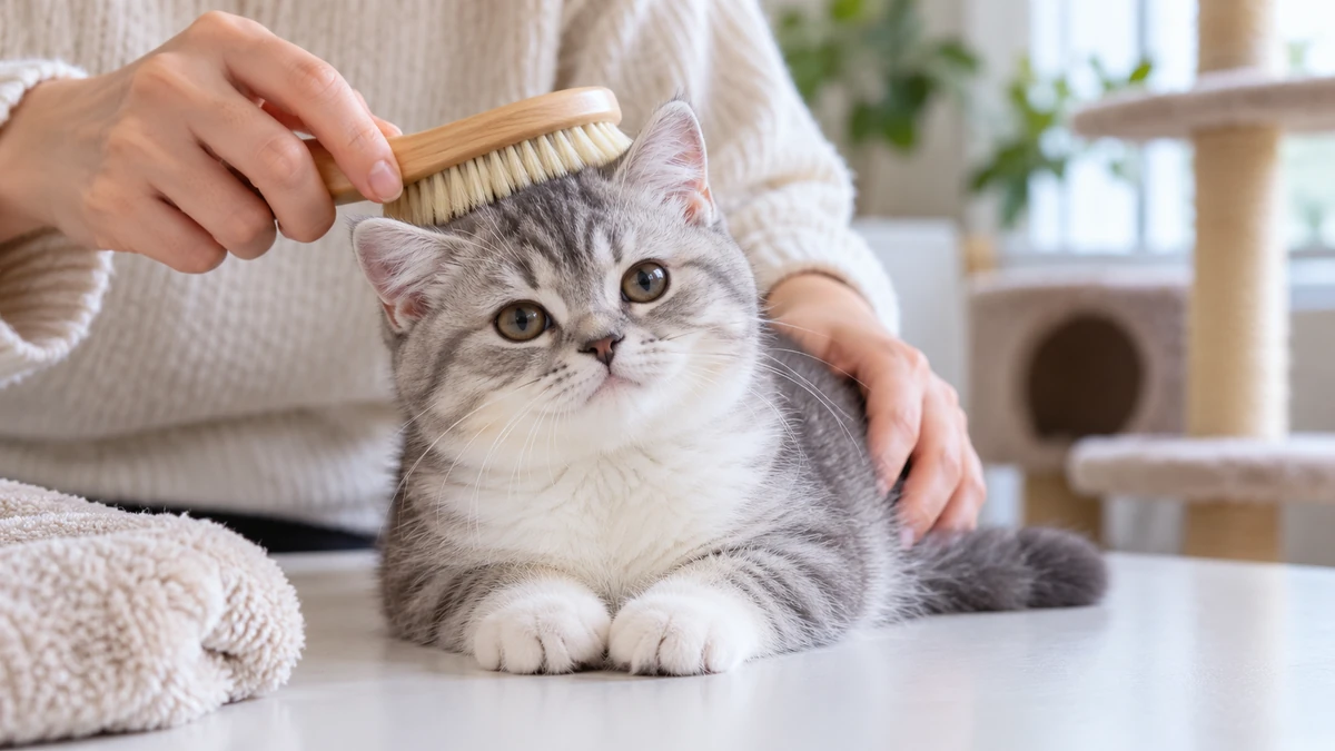 Scottish Straight yavru kedi — tüy bakımı ve fırçalama