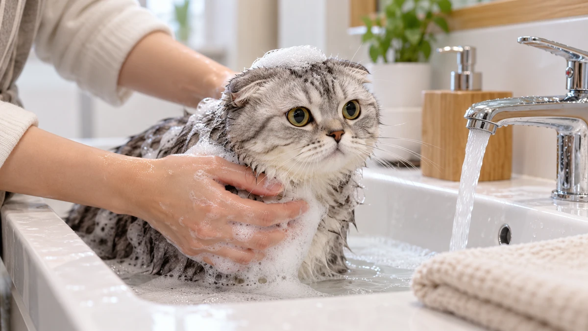 Scottish Straight kedi — banyo ve temizlik