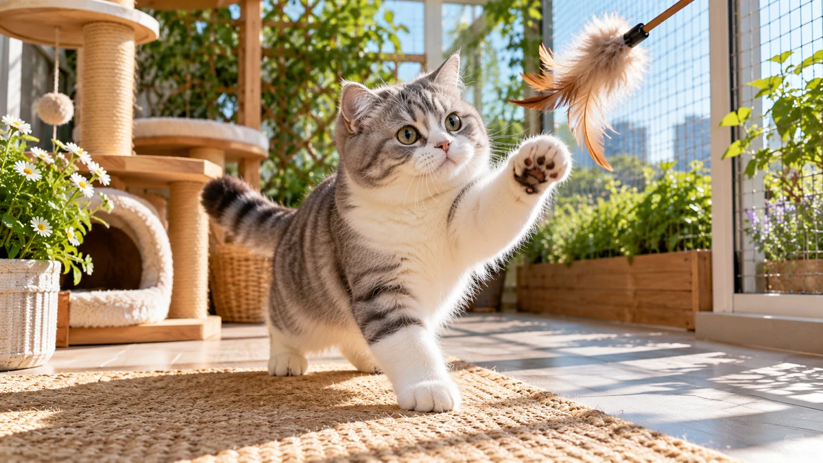 Scottish Straight kedi — oyun ve egzersiz anı